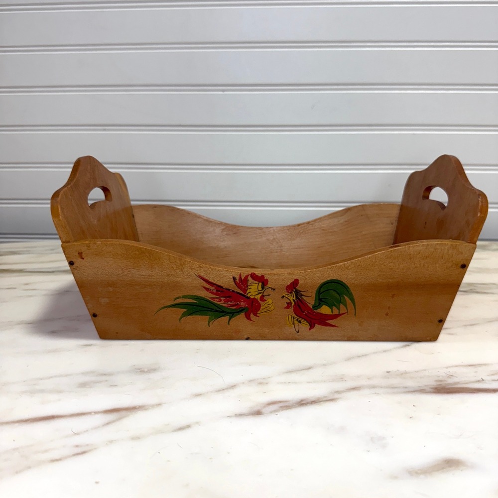 Vintage Bread and Roll Tray Wooden Rooster Design Made in Japan